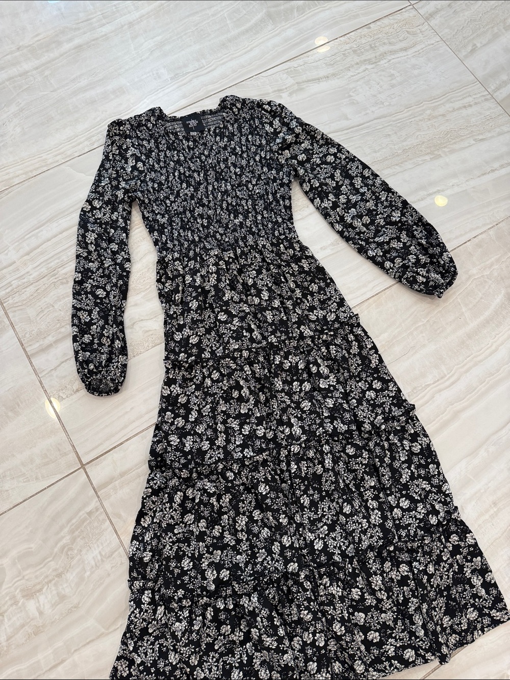 Express Black and White Floral Long Sleeve Tiered Maxi Dress